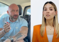 Split-screen: left side shows a bald man with a beard in a car holding a small bottle and wipe; right side shows a woman with long blonde hair wearing an orange blazer, facing the camera.