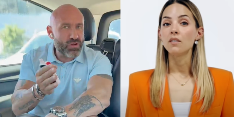 Split-screen: left side shows a bald man with a beard in a car holding a small bottle and wipe; right side shows a woman with long blonde hair wearing an orange blazer, facing the camera.