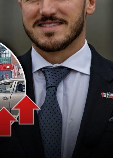 Man in a suit with flag pin; circular inset shows a car crash with ambulances and police, plus a warning sign.
