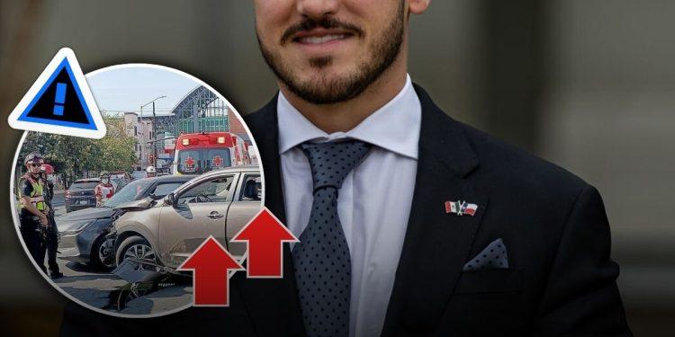Man in a suit with flag pin; circular inset shows a car crash with ambulances and police, plus a warning sign.