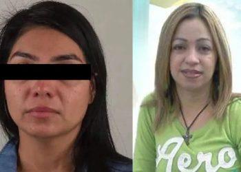 Two women shown side by side: left woman has dark hair with a black bar over her eyes, right woman with blonde hair wearing a green shirt and a pendant necklace.