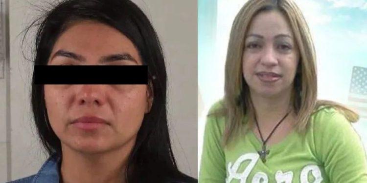 Two women shown side by side: left woman has dark hair with a black bar over her eyes, right woman with blonde hair wearing a green shirt and a pendant necklace.