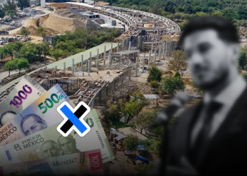 Drone view of a building site with money in the foreground and a blurred man in a suit, suggesting corruption or bribery imagery.