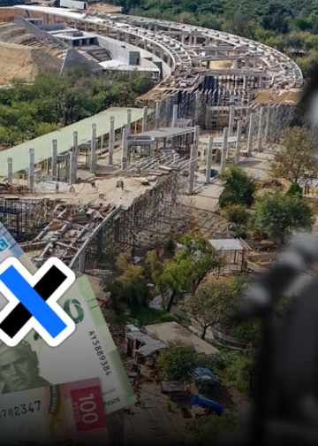 Drone view of a building site with money in the foreground and a blurred man in a suit, suggesting corruption or bribery imagery.