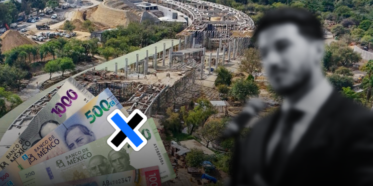 Drone view of a building site with money in the foreground and a blurred man in a suit, suggesting corruption or bribery imagery.